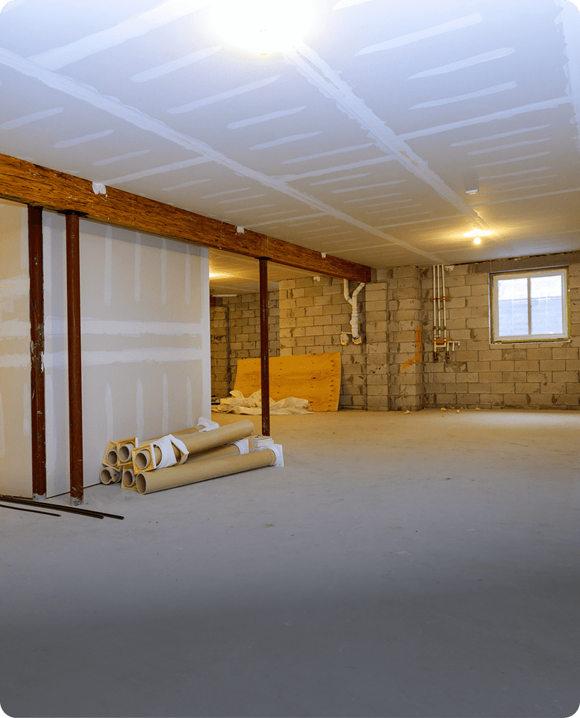 Unfinished basement with construction materials inside.