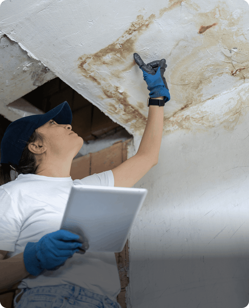 Woman inspecting ceiling water damage with tablet.